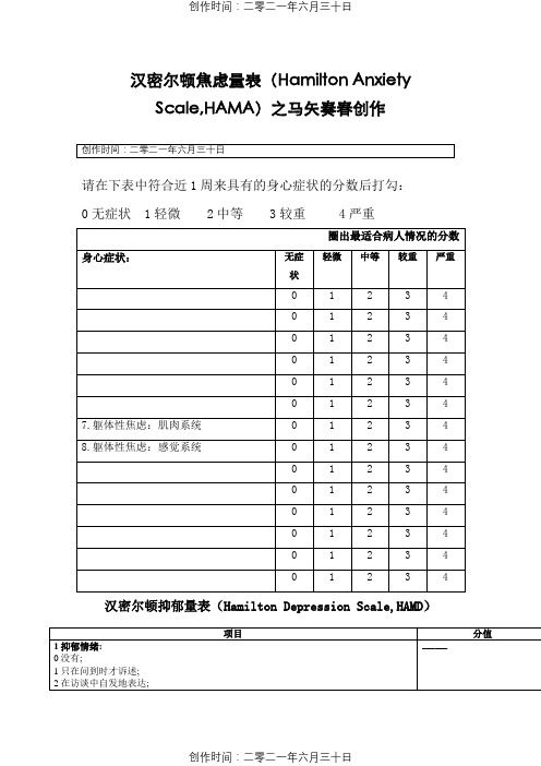 心理领域--汉密尔顿焦虑、抑郁量表(HAMA、HAMD)