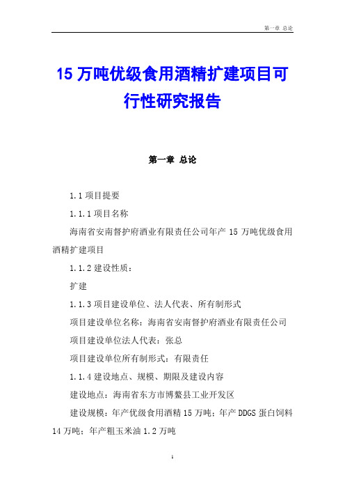 15万吨优级食用酒精扩建项目可行性研究报告