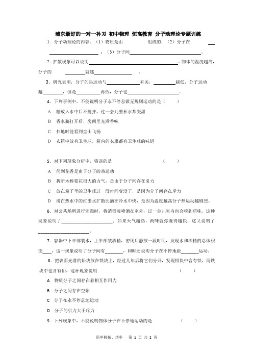 浦东最好的一对一补习 初中物理 恒高教育 分子动理论专题训练