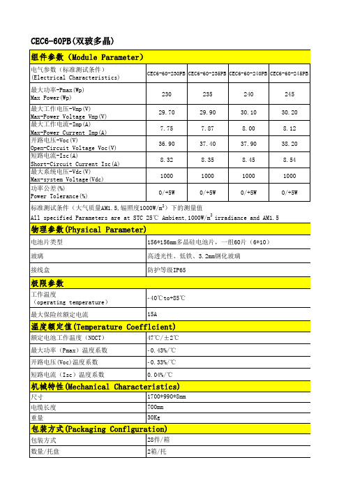 双玻组件参数汇总表