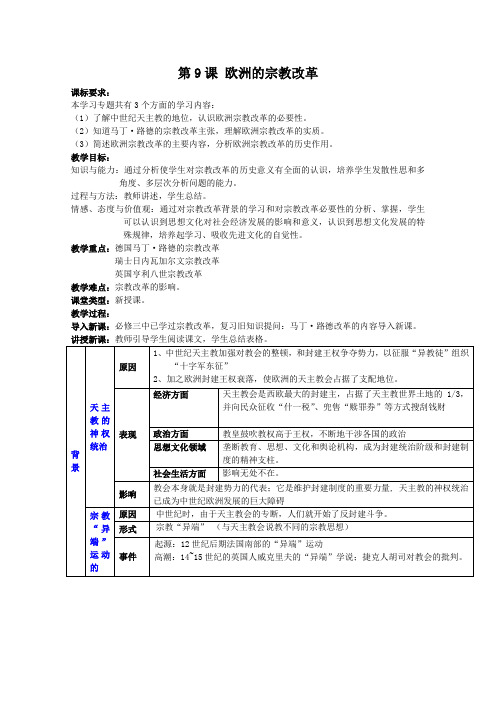 高中历史教案第9课欧洲的宗教改革(岳麓版选修1)