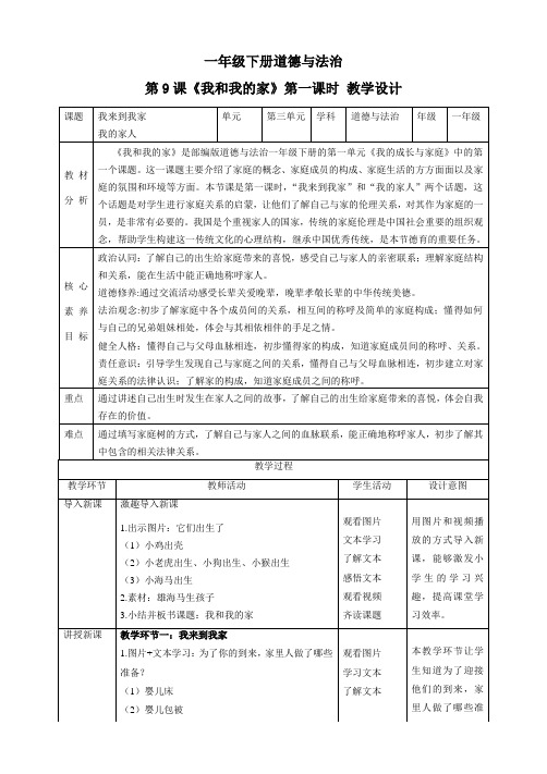 【核心素养目标】一年级下册道德与法治第9课《我和我的家》教案教学设计(第一课时)   