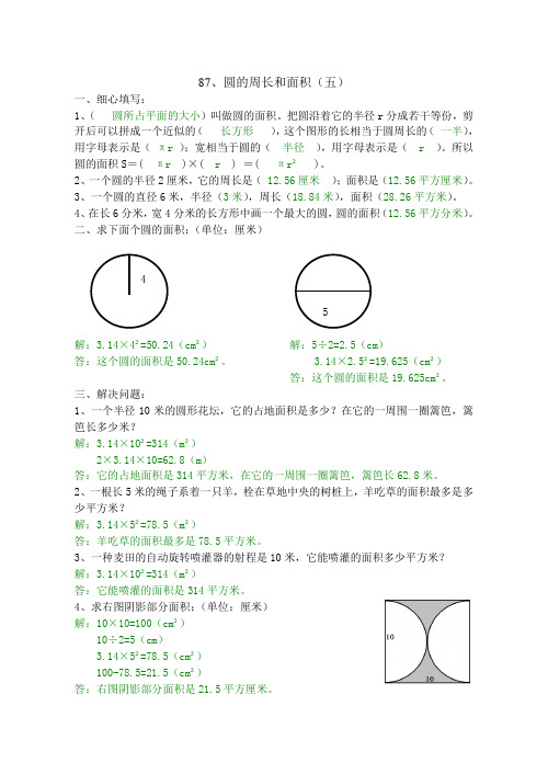 六年级数学圆的周长和面积练习题(五)~(八)答案