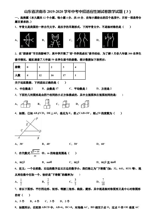 山东省济南市2019-2020学年中考中招适应性测试卷数学试题(3)含解析