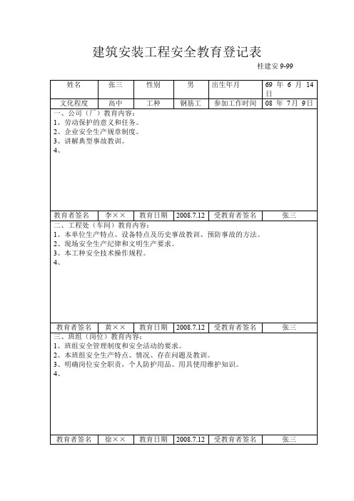 变换工种建筑安装工程安全教育登记表