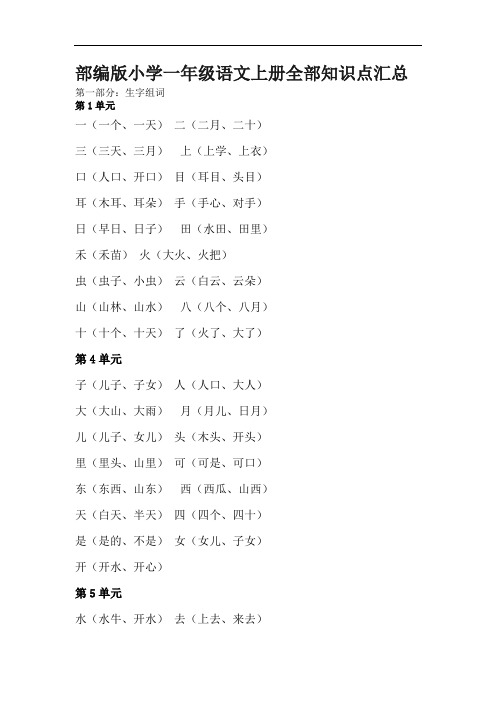 部编版一年级语文上册知识点易错题汇总