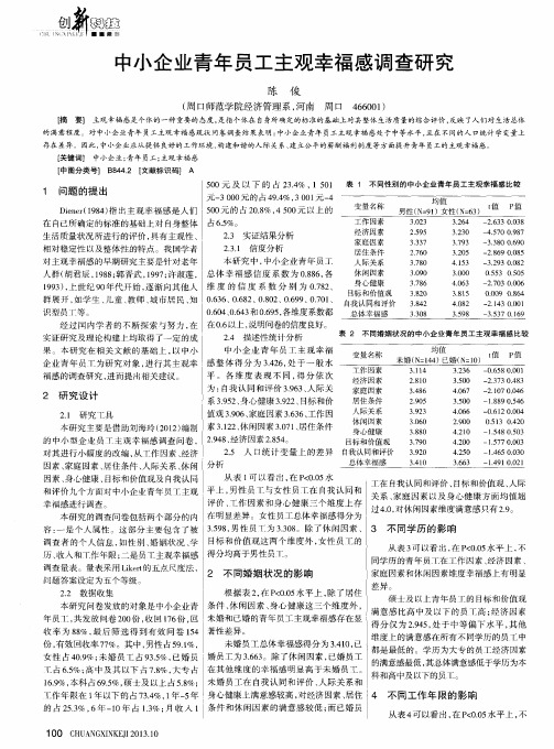 中小企业青年员工主观幸福感调查研究