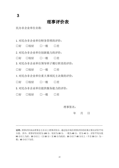 3：理事对民办非企业单位的评价调查表