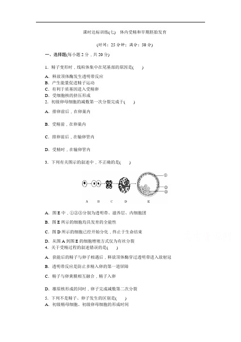 最新高中生物-体内受精和早期胚胎发育达标训练 精品