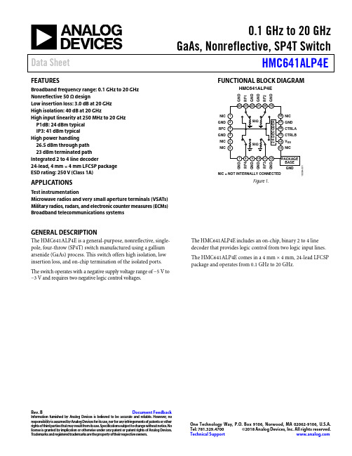 高速带宽0.1 GHz至20 GHz GaAs非反射式SP4T开关 HMC641ALP4E Rev.