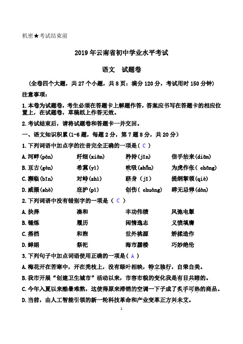 云南省学业水平考试语文试题及答案(2019年)