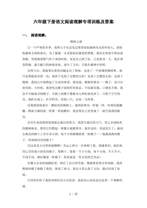 六年级下册语文阅读理解专项训练及答案