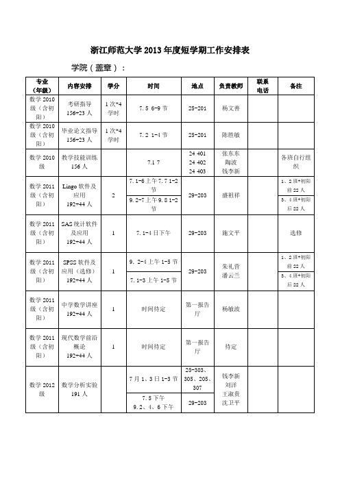 2013年度短学期工作安排表-数理信息学院