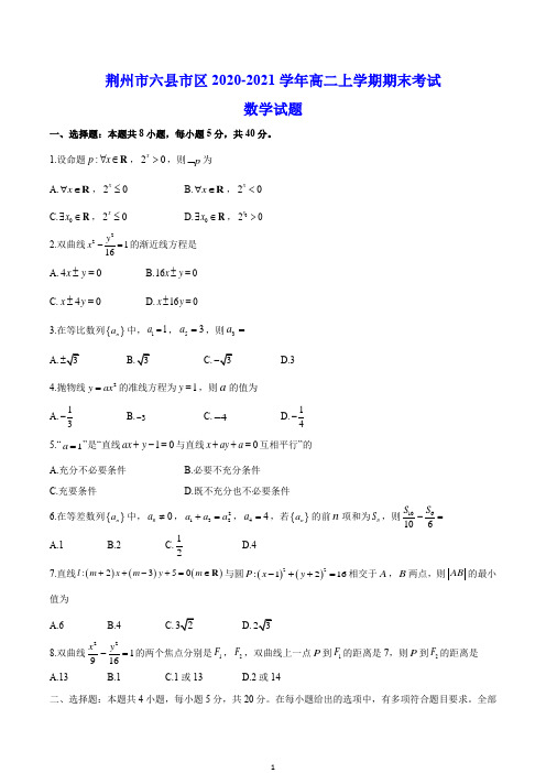 荆州市六县市区2020-2021学年高二上学期期末考试 数学试题(含答案)