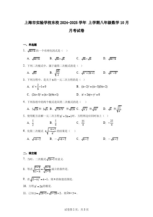 上海市实验学校东校2024-2025学年上学期八年级数学10月月考试卷