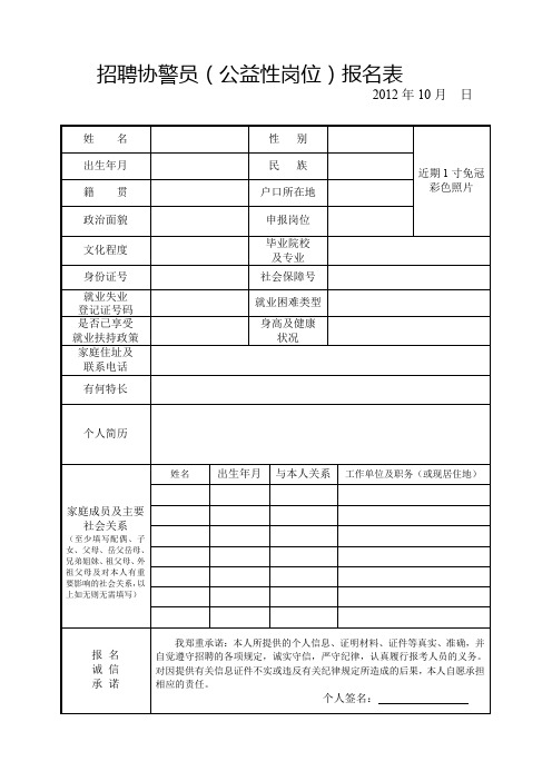 招聘协警员(公益性岗位)报名表