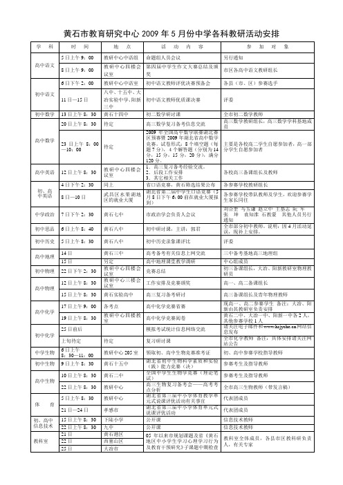 黄石市教育研究中心2009年5月份中学各科教研活动安排.