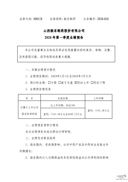 振东制药：2020年第一季度业绩预告