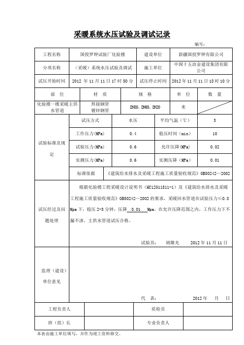 采暖回水管道水压试验记录