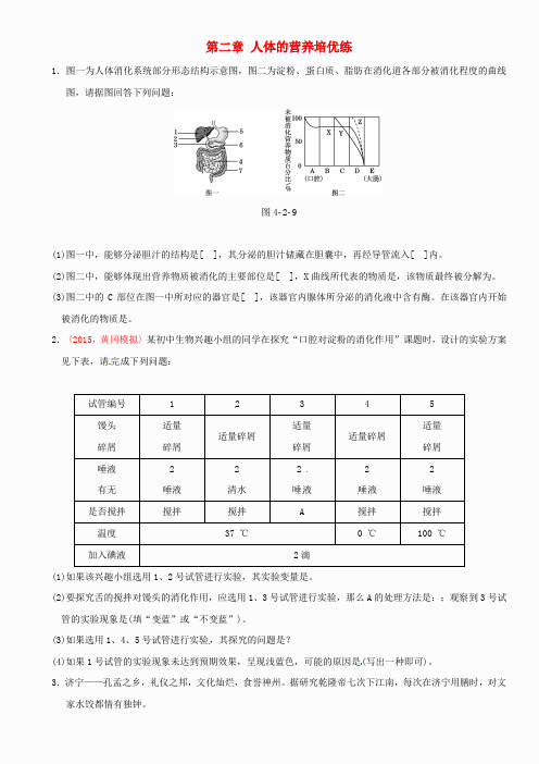 【点拨中考】2017版中考生物 考点梳理 第四单元 第二章 人体的营养培优练 新人教版