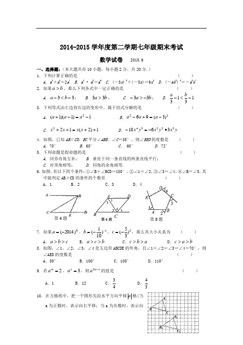 2013-2014学年苏科版初一下数学期末试卷及答案