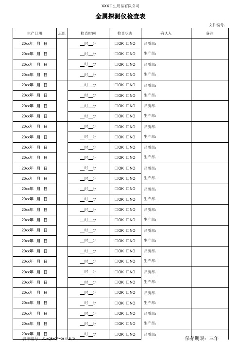 金属探测检查表