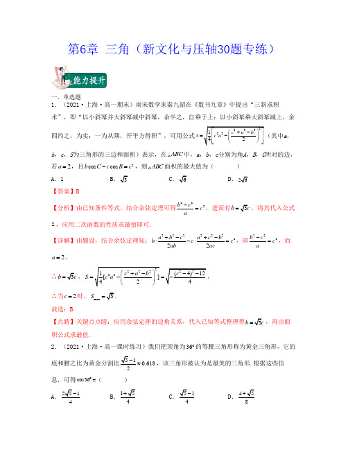 2021-2022学年上海高一数学下学期考试满分全攻略第6章 三角(新文化与压轴30题)(解析版)