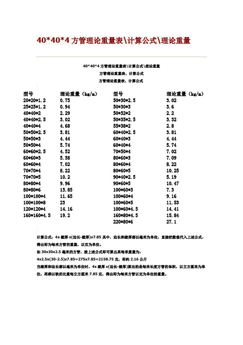 方管理论重量表计算公式理论重量