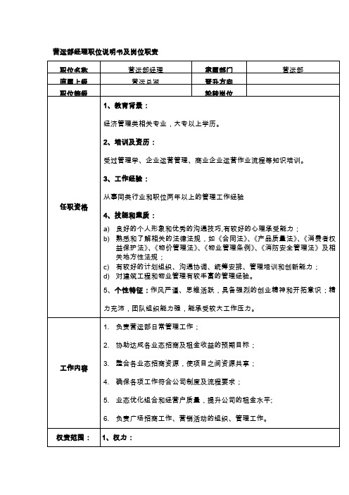 营运部经理职位说明书及岗位职责