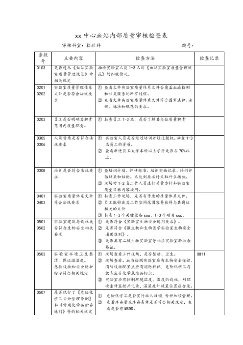 血站内审检验科检查表(2)范文