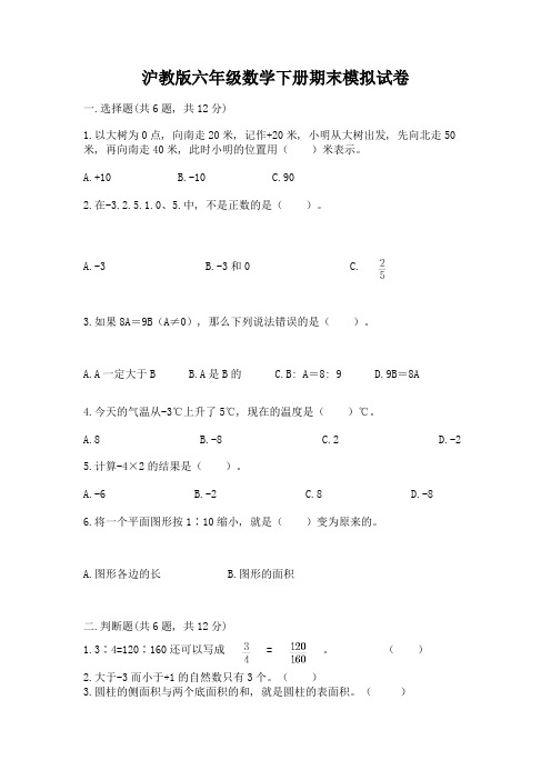 沪教版六年级数学下册期末模拟试卷【网校专用】