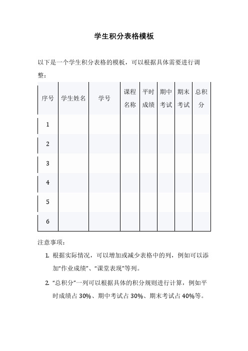 学生积分表格模板