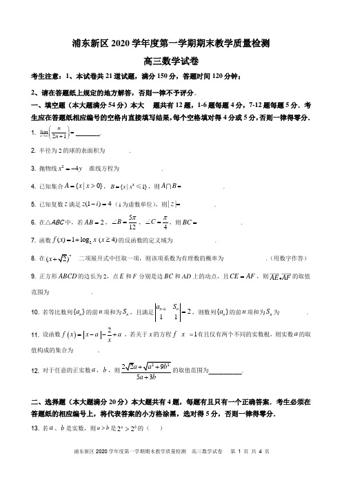 上海市浦东新区2020学年度第一学期期末教学质量检测(一模)高三数学试卷及参考答案