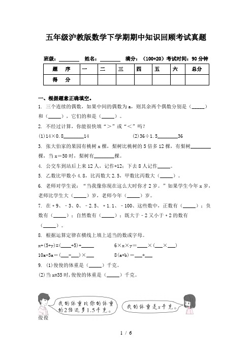 五年级沪教版数学下学期期中知识回顾考试真题