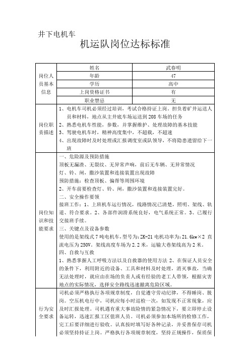 井下电机车司机岗位达标