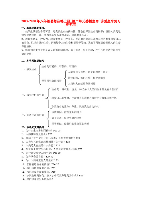 2019-2020年八年级思想品德上册 第二单元感悟生命 珍爱生命复习 湘教版