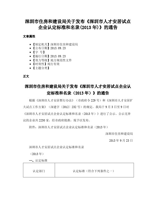 深圳市住房和建设局关于发布《深圳市人才安居试点企业认定标准和名录(2013年)》的通告