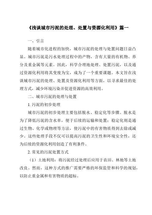 《2024年浅谈城市污泥的处理、处置与资源化利用》范文