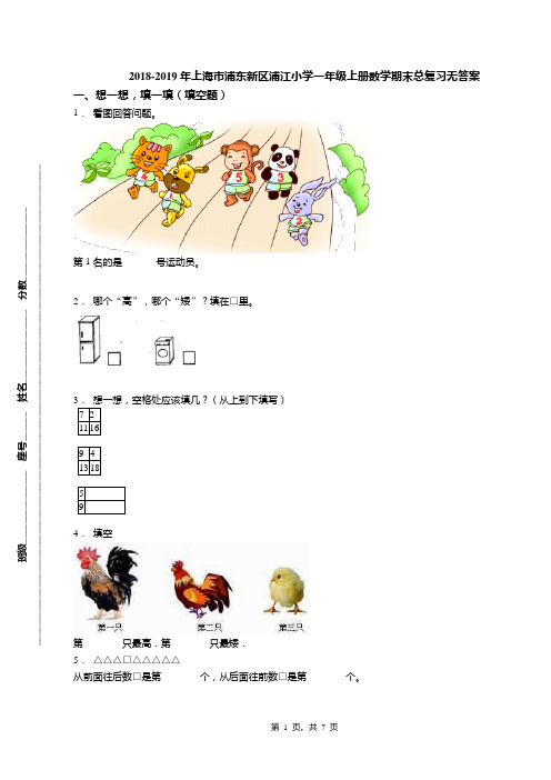 2018-2019年上海市浦东新区浦江小学一年级上册数学期末总复习无答案