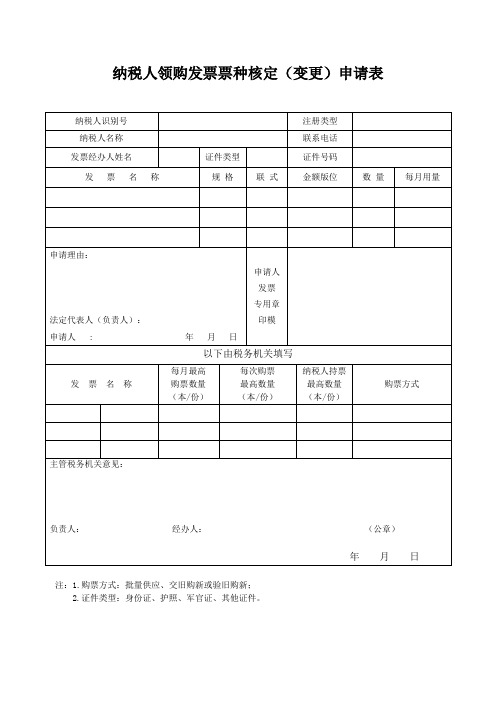 纳税人领购发票票种核定(变更)申请表