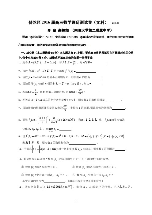 上海普陀区2016届高三数学调研测试卷(文科word版含答案)