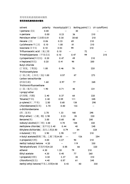 常用用有机溶剂的相对极性