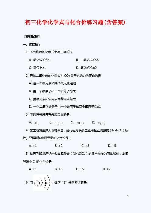 精选初三化学化学式与化合价练习题(含答案)