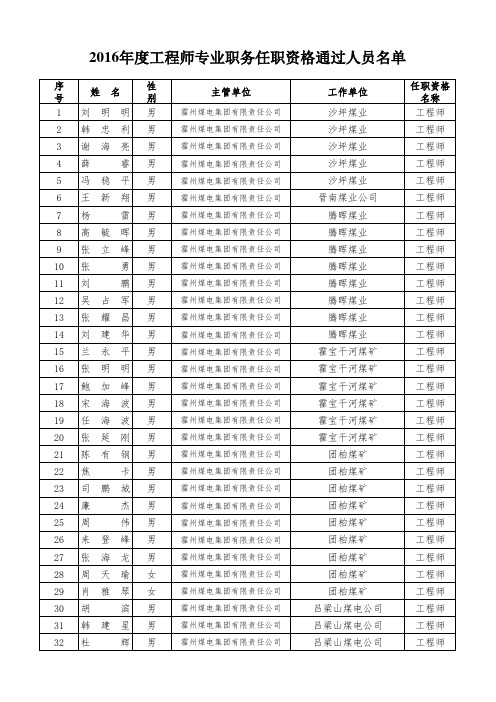 2016年度工程师专业职务任职资格通过人员名单 (公示)