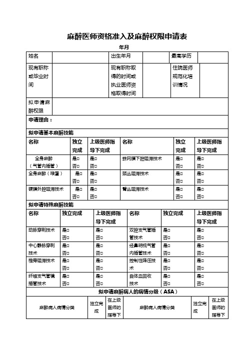 医院麻醉医师术前麻醉权限申请表