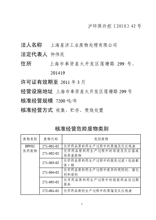 核准经营危险废物类别