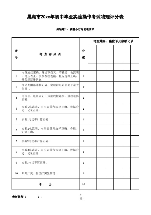 20xx年巢湖市中考物理实验操作评价表