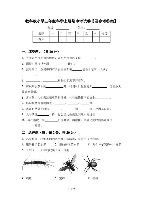 教科版小学三年级科学上册期中考试卷【及参考答案】