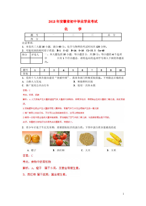 【VIP专享】安徽省2013年中考化学真题试题(解析版)