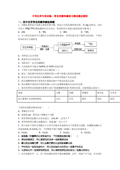 中考化学专项训练：常见的酸和碱复习测试题及解析